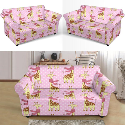 Giraffe Cute Pink Polka Dot Print Loveseat Slipcover-JTAMIGO.COM