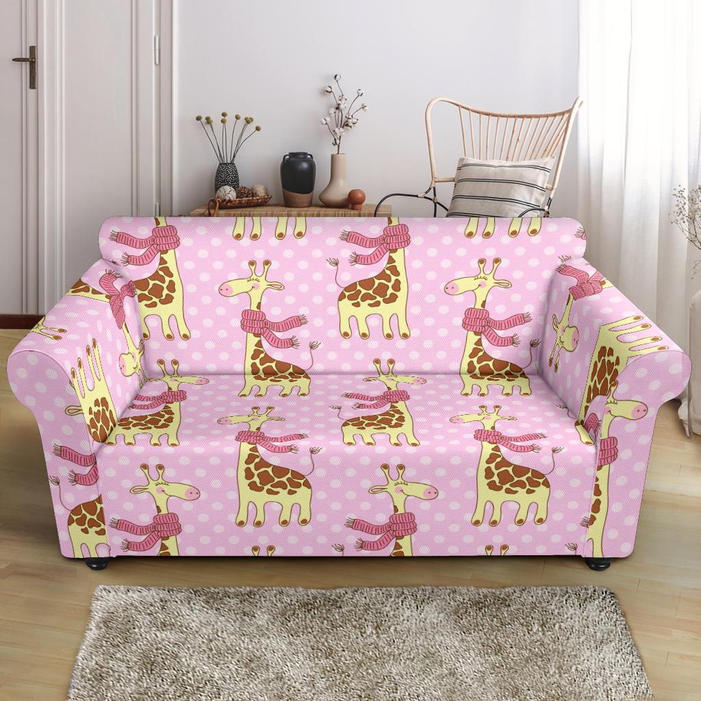 Giraffe Cute Pink Polka Dot Print Loveseat Slipcover-JTAMIGO.COM