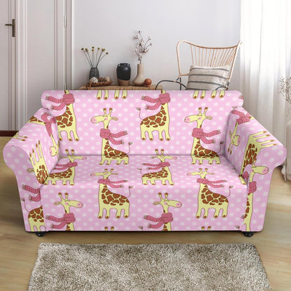 Giraffe Cute Pink Polka Dot Print Loveseat Slipcover-JTAMIGO.COM