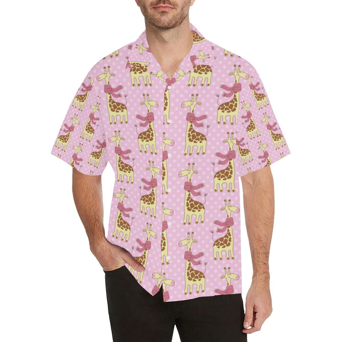 Giraffe Cute Pink Polka Dot Print Men Aloha Hawaiian Shirt
