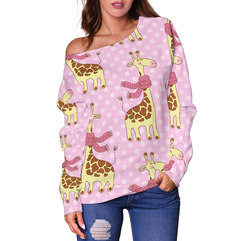Giraffe Cute Pink Polka Dot Print Off Shoulder Sweatshirt