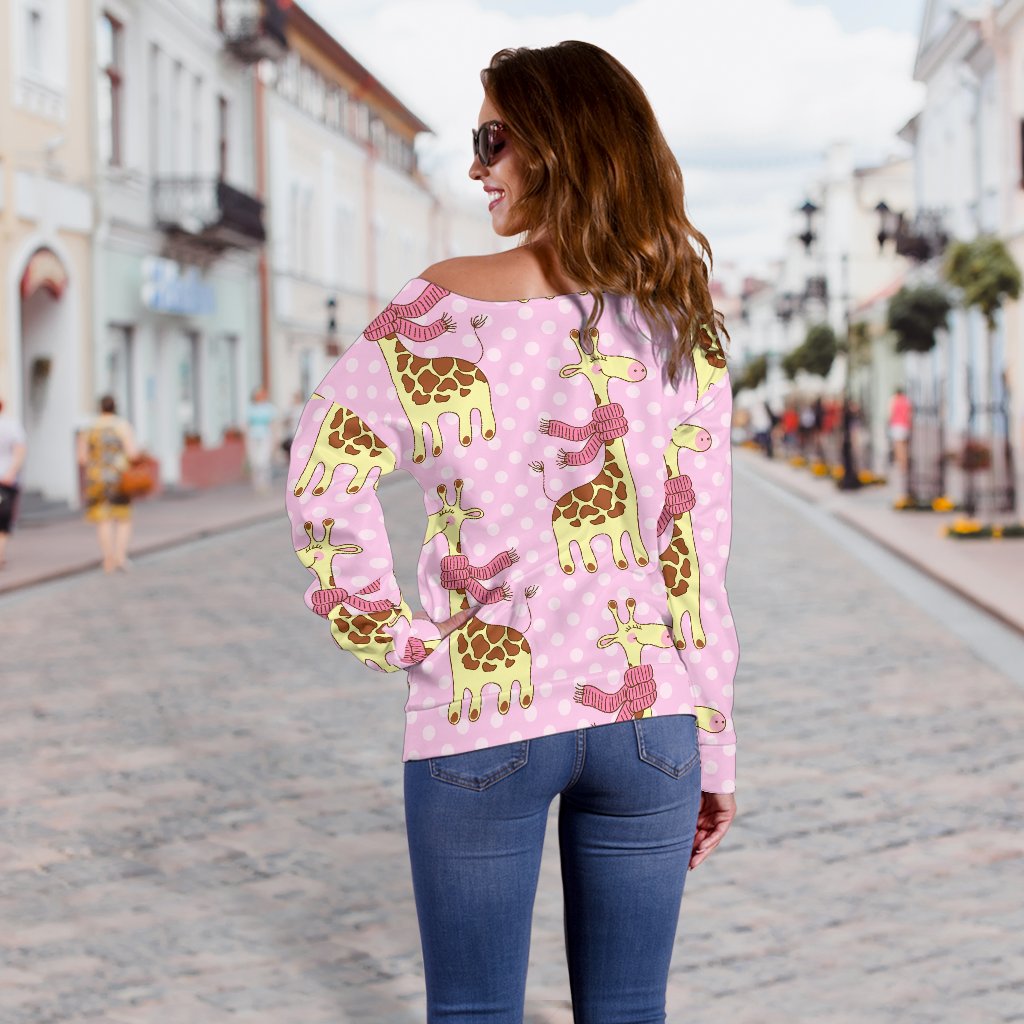 Giraffe Cute Pink Polka Dot Print Off Shoulder Sweatshirt
