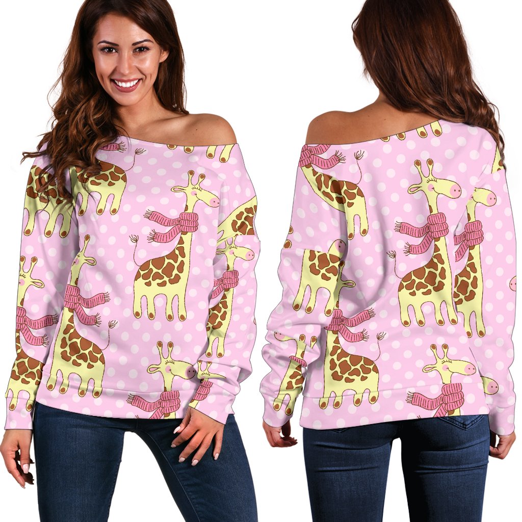 Giraffe Cute Pink Polka Dot Print Off Shoulder Sweatshirt
