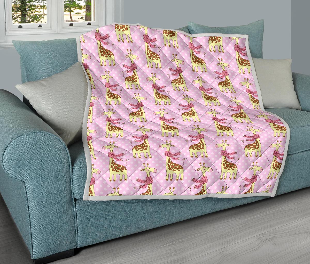 Giraffe Cute Pink Polka Dot Print Premium Quilt-JTAMIGO.COM