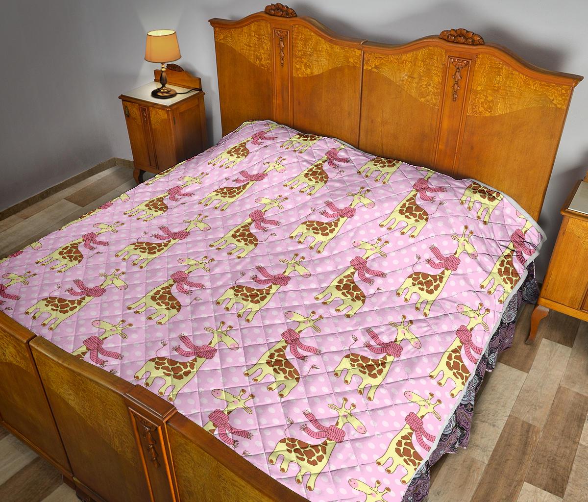Giraffe Cute Pink Polka Dot Print Premium Quilt-JTAMIGO.COM