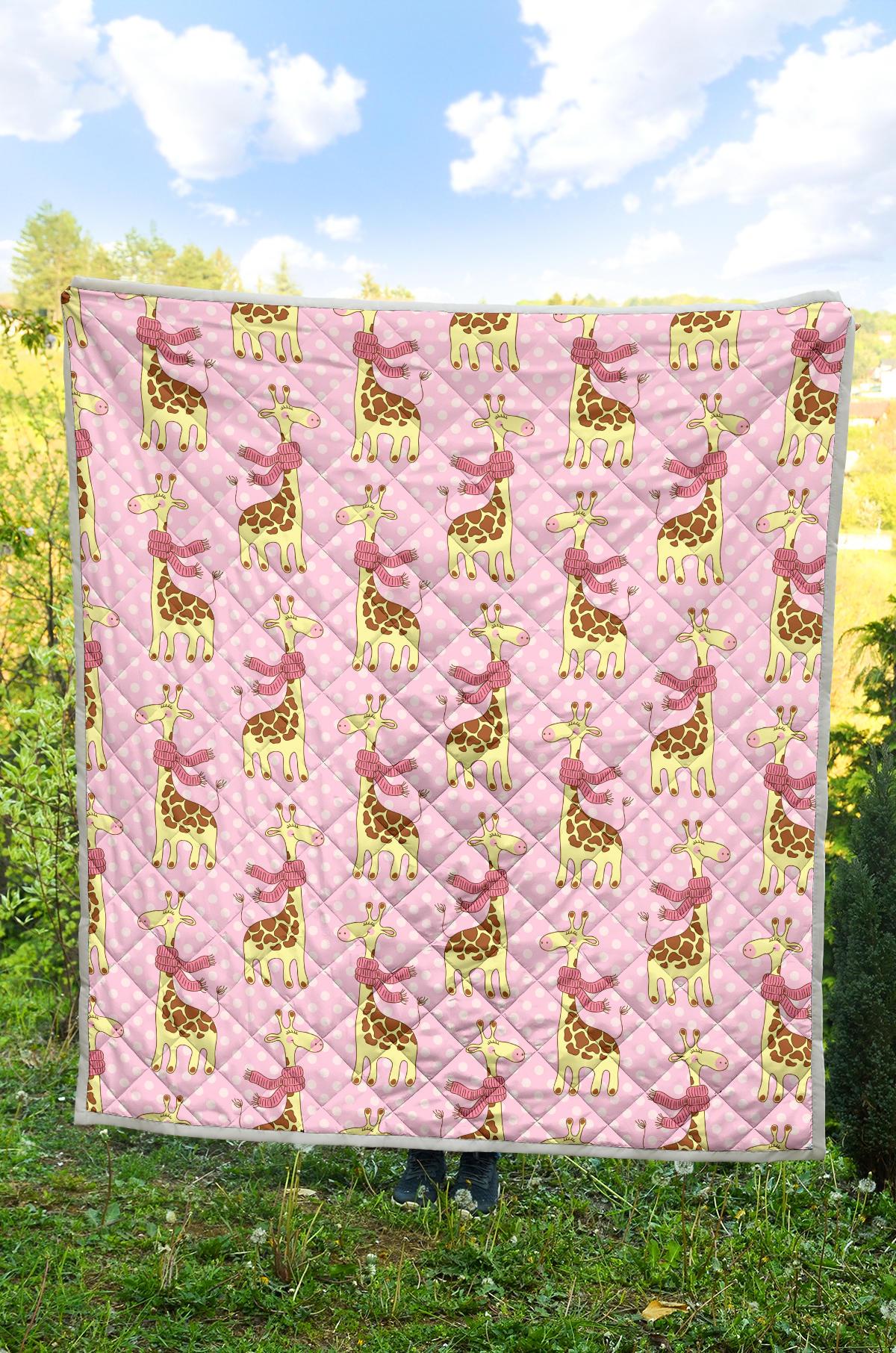 Giraffe Cute Pink Polka Dot Print Premium Quilt-JTAMIGO.COM