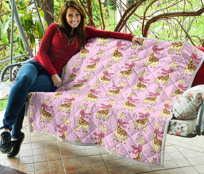 Giraffe Cute Pink Polka Dot Print Premium Quilt-JTAMIGO.COM