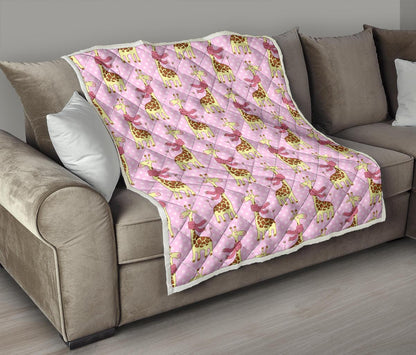 Giraffe Cute Pink Polka Dot Print Premium Quilt-JTAMIGO.COM