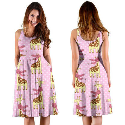 Giraffe Cute Pink Polka Dot Print Sleeveless Dress