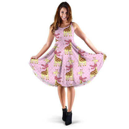 Giraffe Cute Pink Polka Dot Print Sleeveless Dress