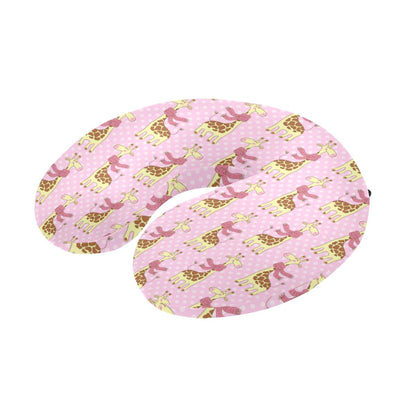 Giraffe Cute Pink Polka Dot Print U-Shaped Travel Neck Pillow-JTAMIGO.COM
