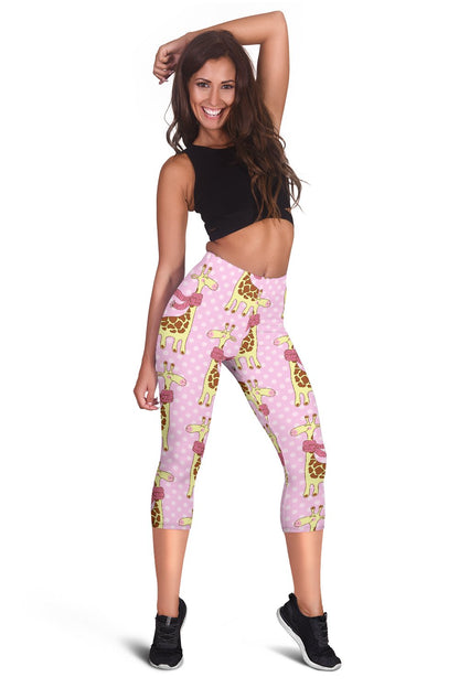 Giraffe Cute Pink Polka Dot Print Women Capris