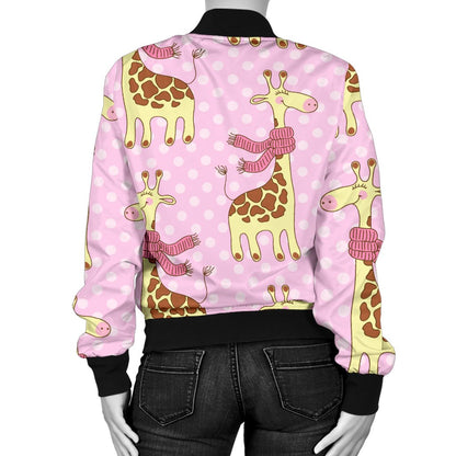 Giraffe Cute Pink Polka Dot Print Women Casual Bomber Jacket