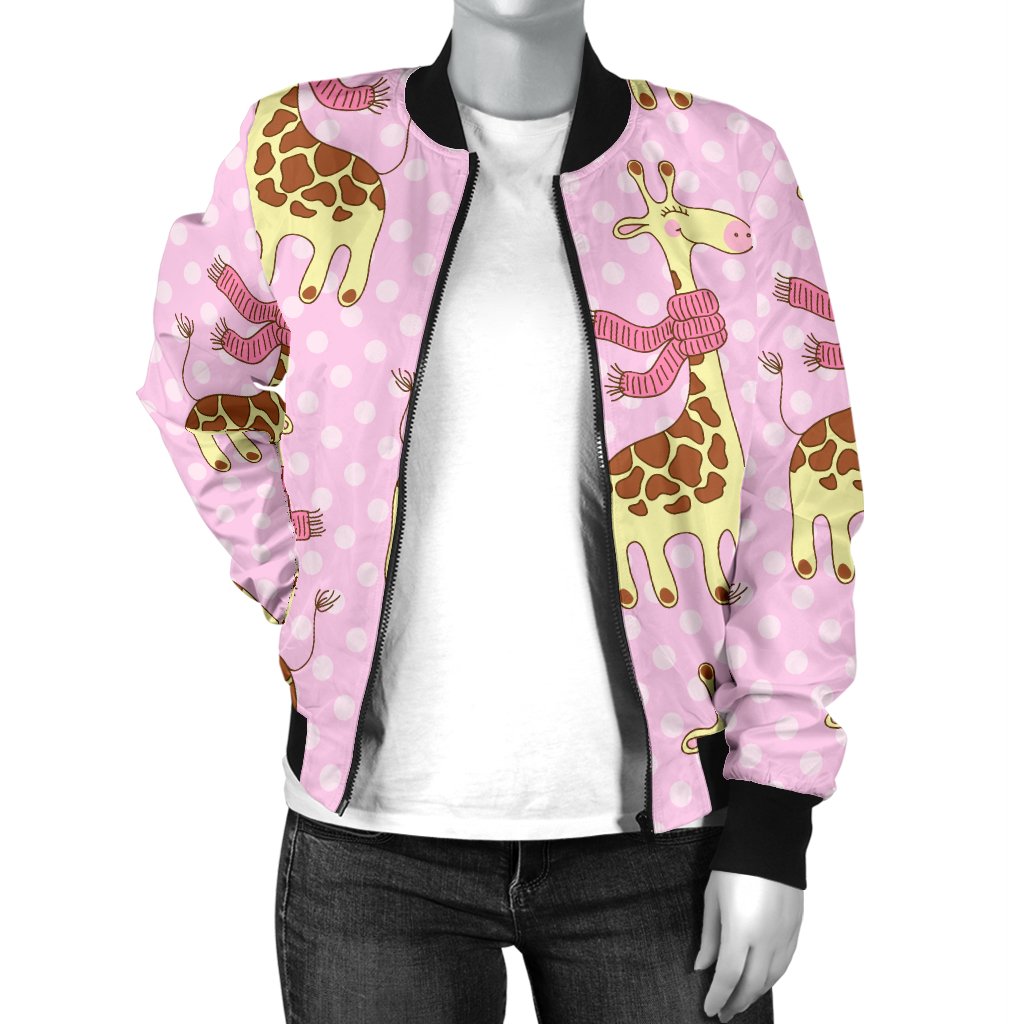 Giraffe Cute Pink Polka Dot Print Women Casual Bomber Jacket