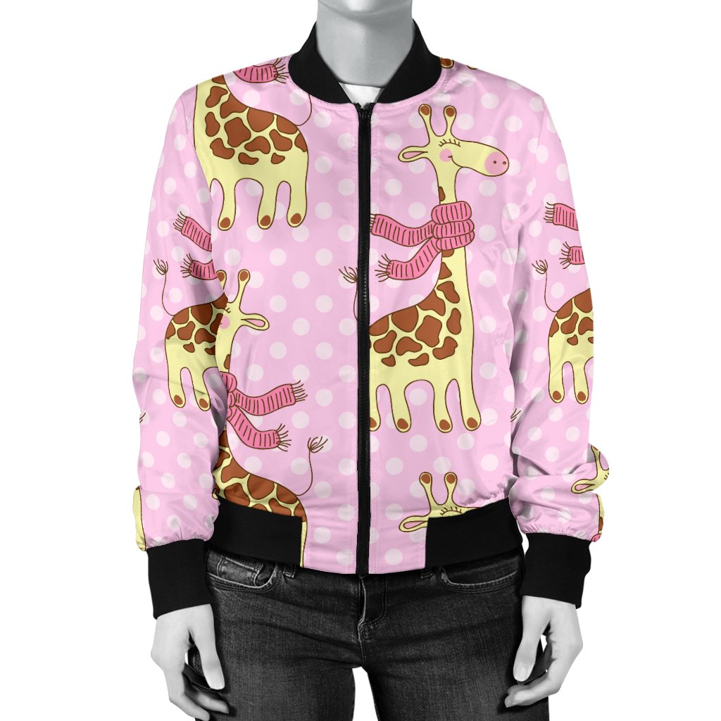 Giraffe Cute Pink Polka Dot Print Women Casual Bomber Jacket