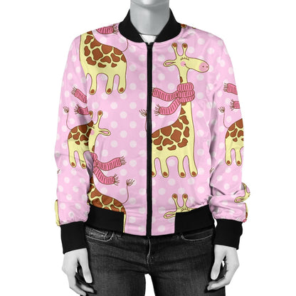 Giraffe Cute Pink Polka Dot Print Women Casual Bomber Jacket