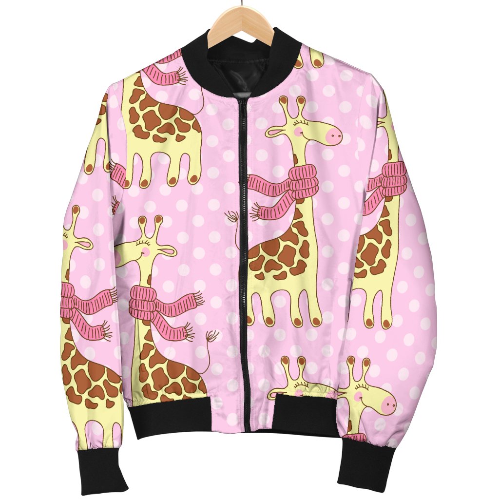 Giraffe Cute Pink Polka Dot Print Women Casual Bomber Jacket