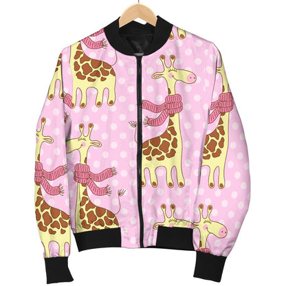 Giraffe Cute Pink Polka Dot Print Women Casual Bomber Jacket
