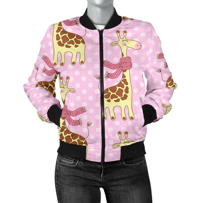 Giraffe Cute Pink Polka Dot Print Women Casual Bomber Jacket