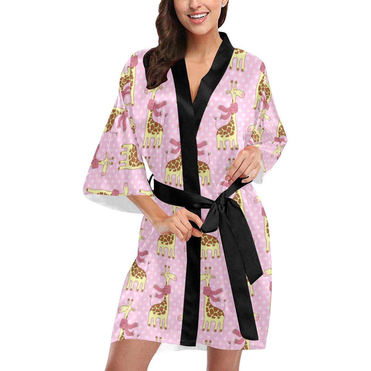 Giraffe Cute Pink Polka Dot Print Women Short Kimono Robe