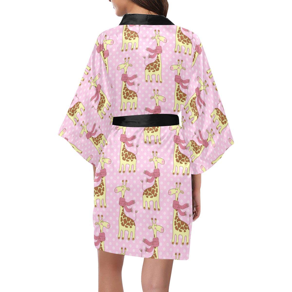 Giraffe Cute Pink Polka Dot Print Women Short Kimono Robe