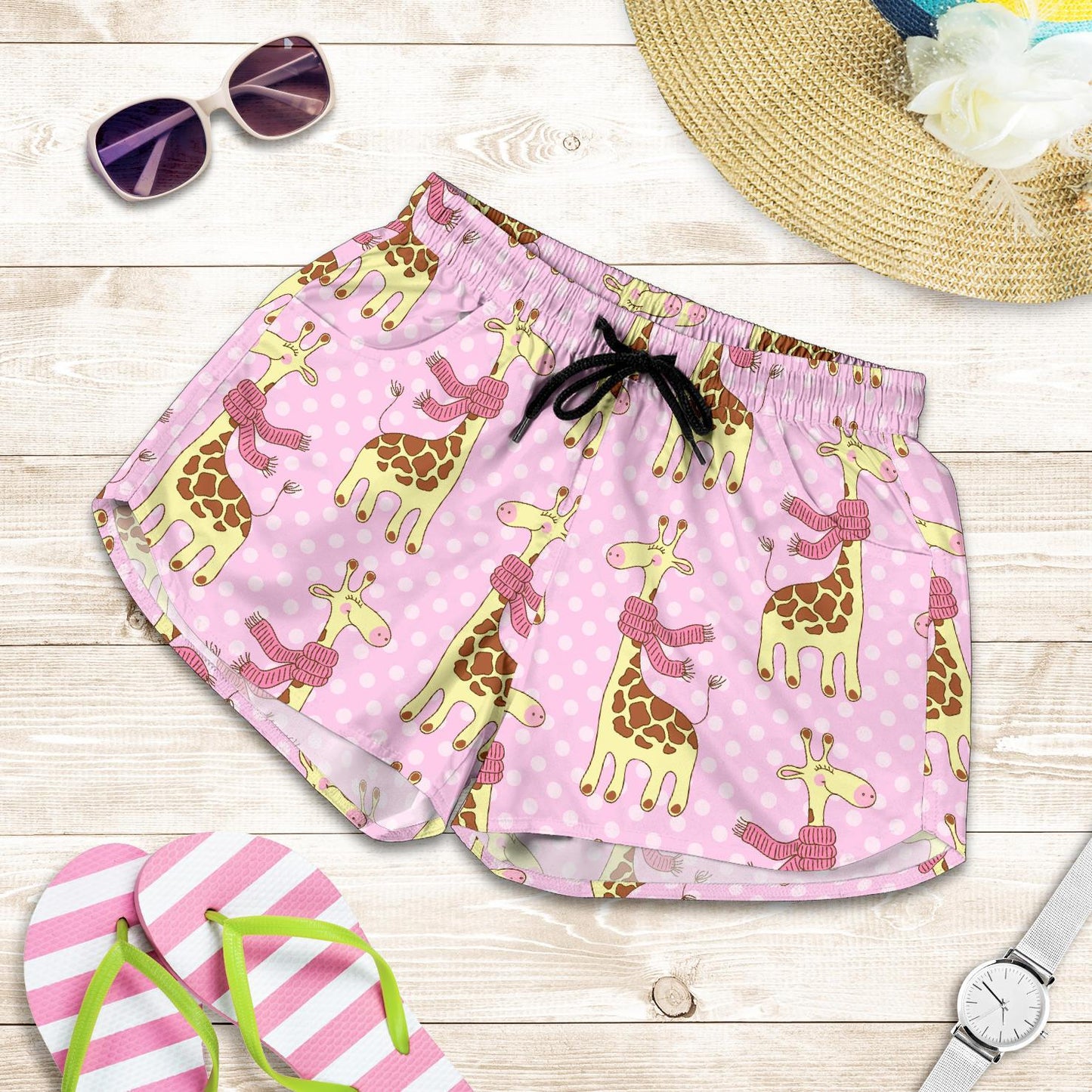 Giraffe Cute Pink Polka Dot Print Women Shorts-JTAMIGO.COM