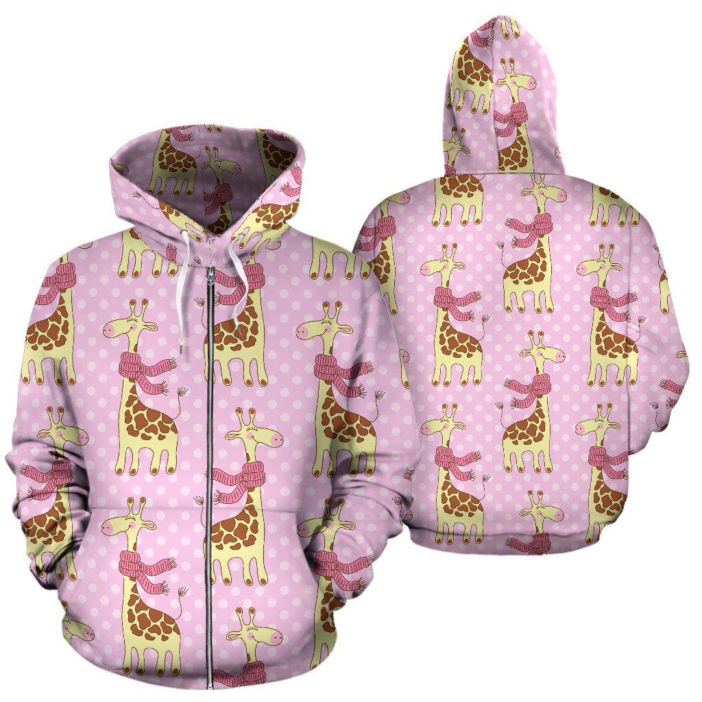 Giraffe Cute Pink Polka Dot Print Zip Up Hoodie