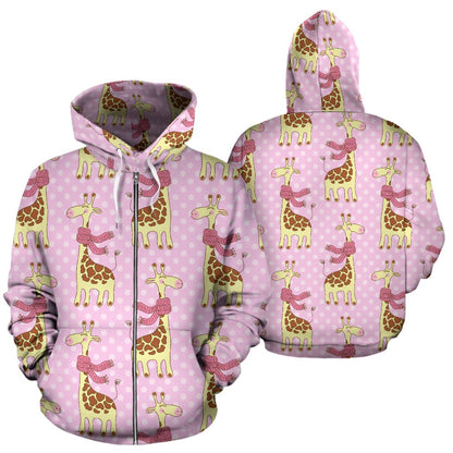 Giraffe Cute Pink Polka Dot Print Zip Up Hoodie