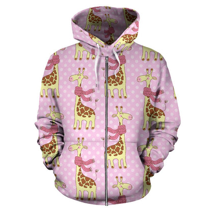 Giraffe Cute Pink Polka Dot Print Zip Up Hoodie