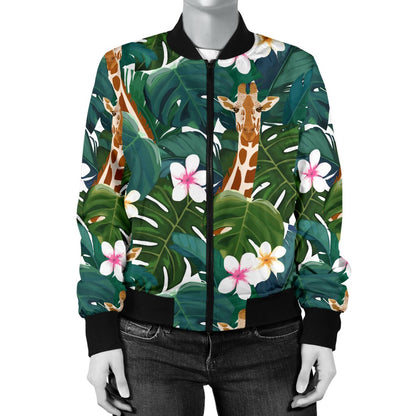 Giraffe Jungle Design Print Women Casual Bomber Jacket