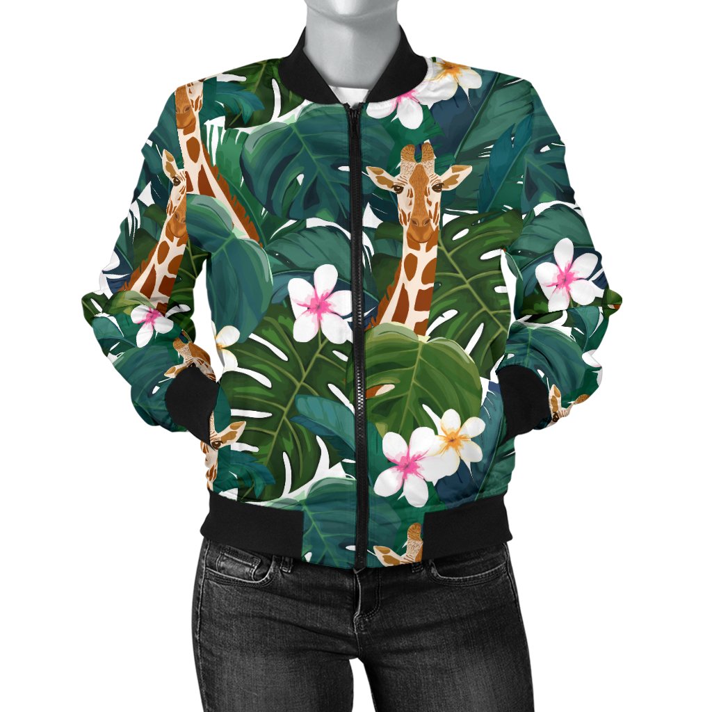 Giraffe Jungle Design Print Women Casual Bomber Jacket
