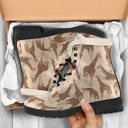 Giraffe Pattern Design Print Faux Fur Leather Boots-JTAMIGO.COM