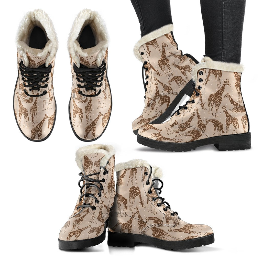 Giraffe Pattern Design Print Faux Fur Leather Boots-JTAMIGO.COM
