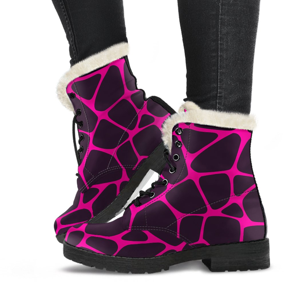 Giraffe Pink Background Texture Print Faux Fur Leather Boots-JTAMIGO.COM