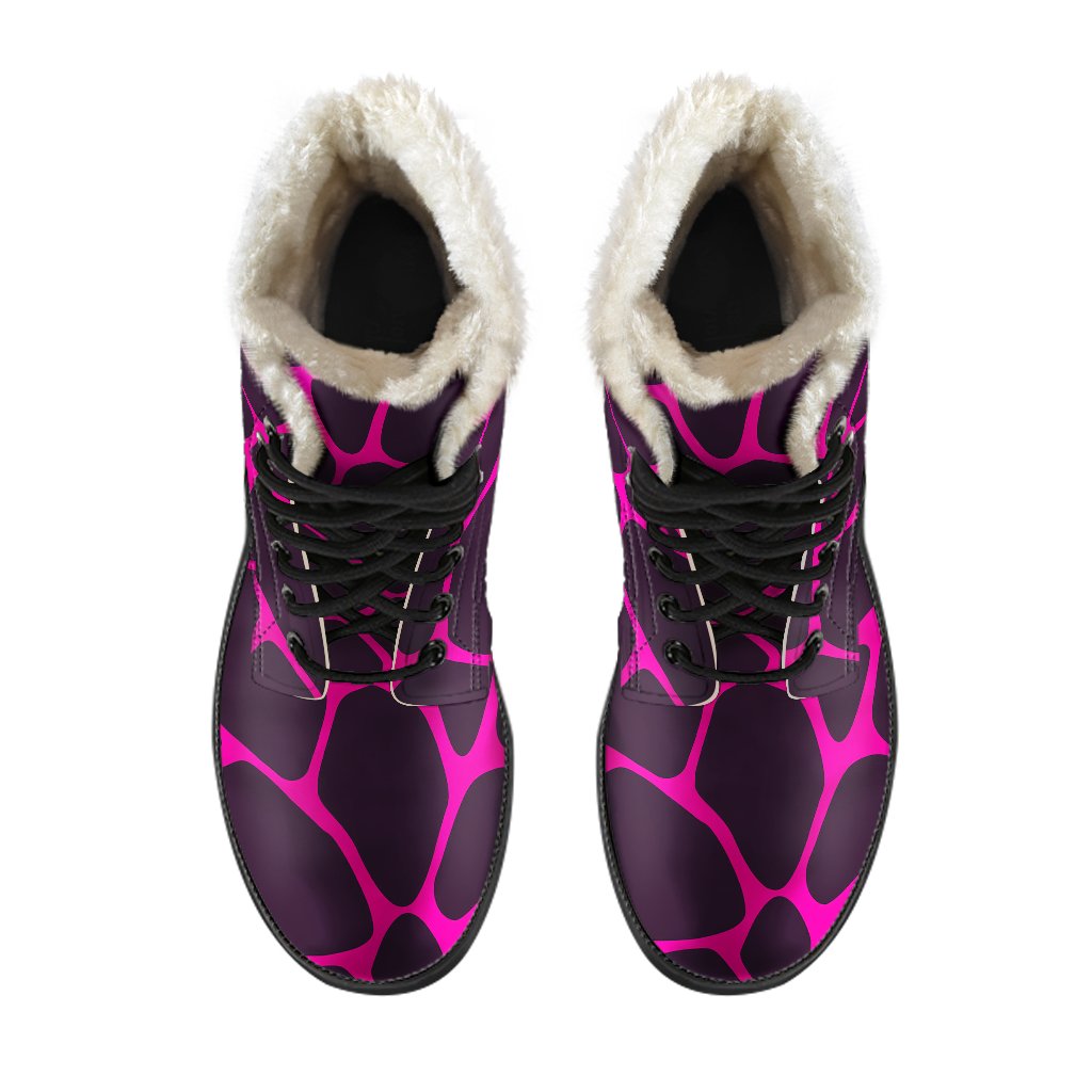 Giraffe Pink Background Texture Print Faux Fur Leather Boots-JTAMIGO.COM
