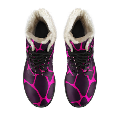 Giraffe Pink Background Texture Print Faux Fur Leather Boots-JTAMIGO.COM