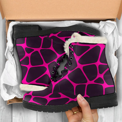 Giraffe Pink Background Texture Print Faux Fur Leather Boots-JTAMIGO.COM