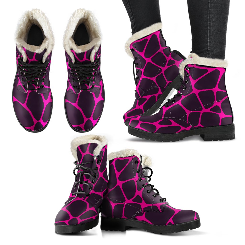 Giraffe Pink Background Texture Print Faux Fur Leather Boots-JTAMIGO.COM