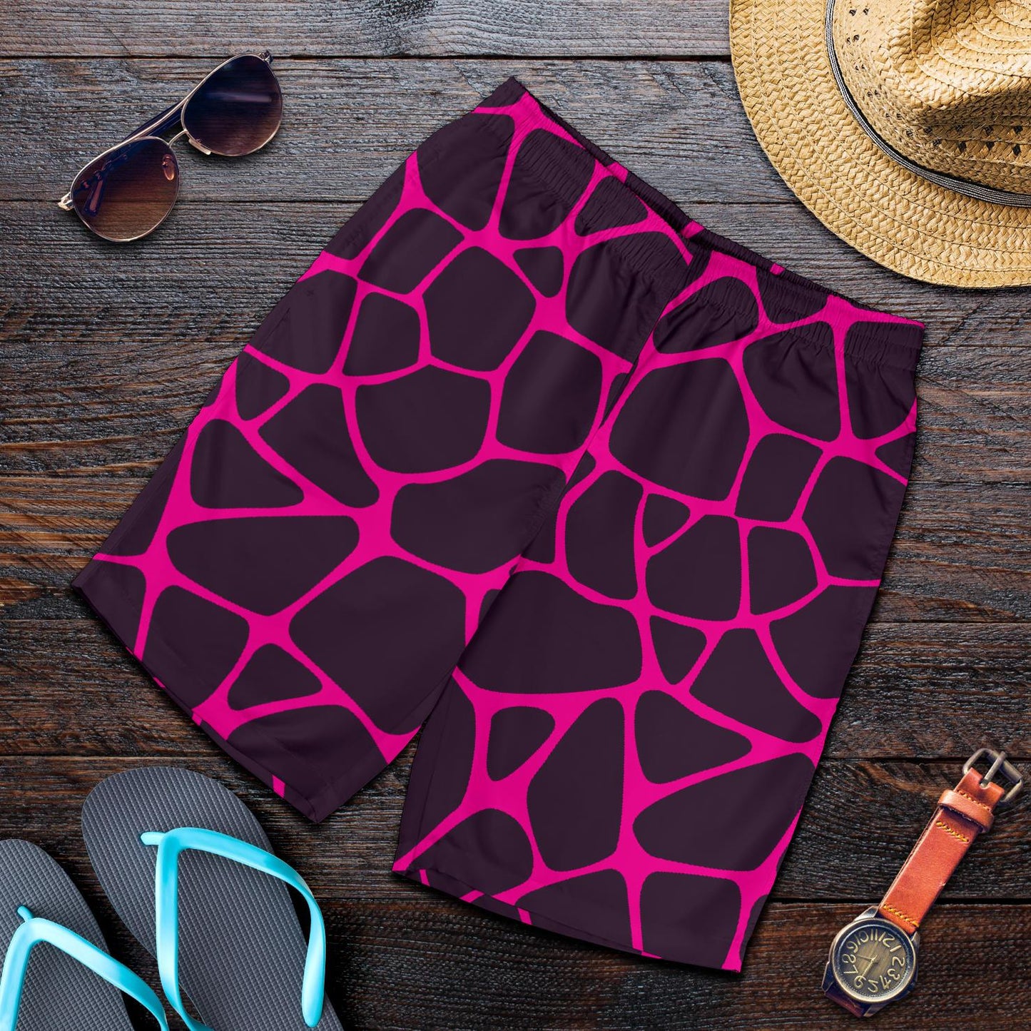 Giraffe Pink Background Texture Print Mens Shorts-JTAMIGO.COM
