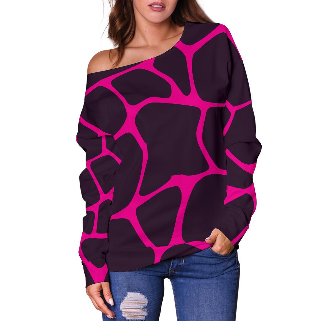 Giraffe Pink Background Texture Print Off Shoulder Sweatshirt