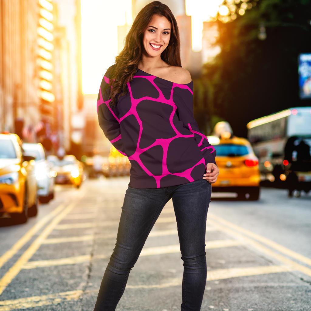 Giraffe Pink Background Texture Print Off Shoulder Sweatshirt