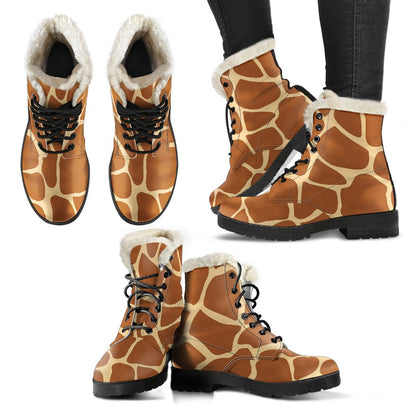 Giraffe Texture Print Faux Fur Leather Boots-JTAMIGO.COM