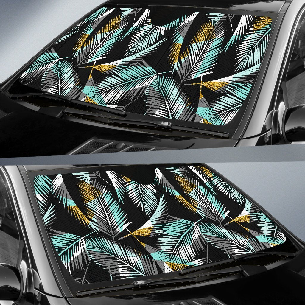 Gold Glitter Cyan Tropical Palm Leaves Car Sun Shade For Windshield