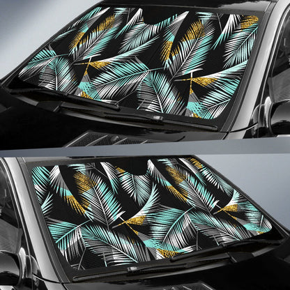 Gold Glitter Cyan Tropical Palm Leaves Car Sun Shade For Windshield