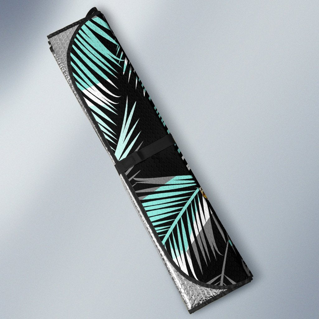 Gold Glitter Cyan Tropical Palm Leaves Car Sun Shade For Windshield