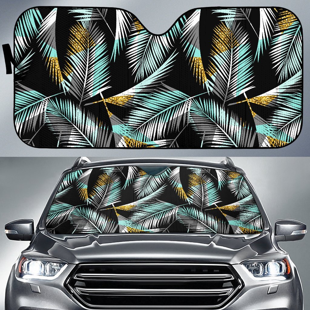 Gold Glitter Cyan Tropical Palm Leaves Car Sun Shade For Windshield