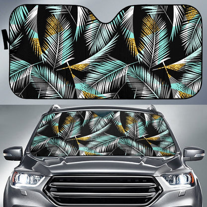 Gold Glitter Cyan Tropical Palm Leaves Car Sun Shade For Windshield