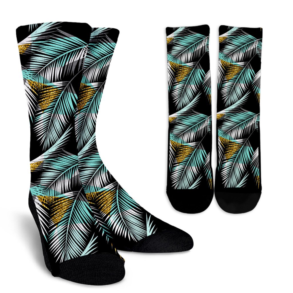 Gold Glitter Cyan Tropical Palm Leaves Crew Socks