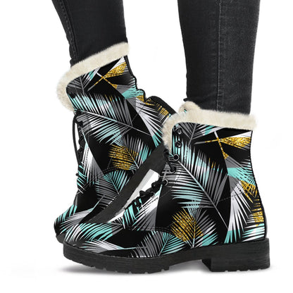 Gold Glitter Cyan Tropical Palm Leaves Faux Fur Leather Boots-JTAMIGO.COM