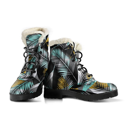 Gold Glitter Cyan Tropical Palm Leaves Faux Fur Leather Boots-JTAMIGO.COM